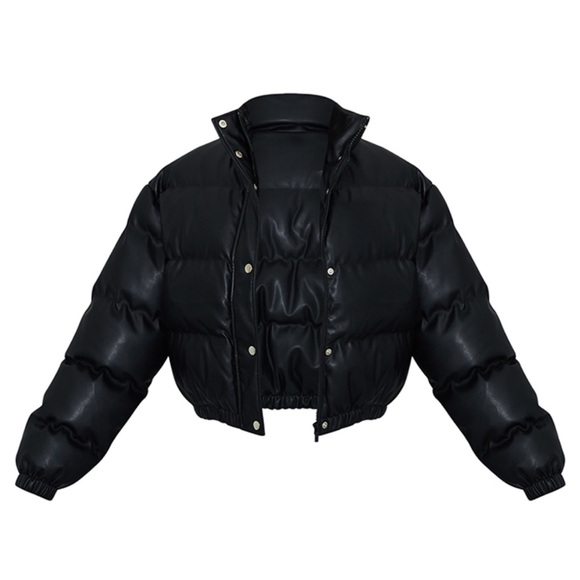 PLT Black Faux Leather Elastic Hem Bubble Puffer - Picture 1 of 5